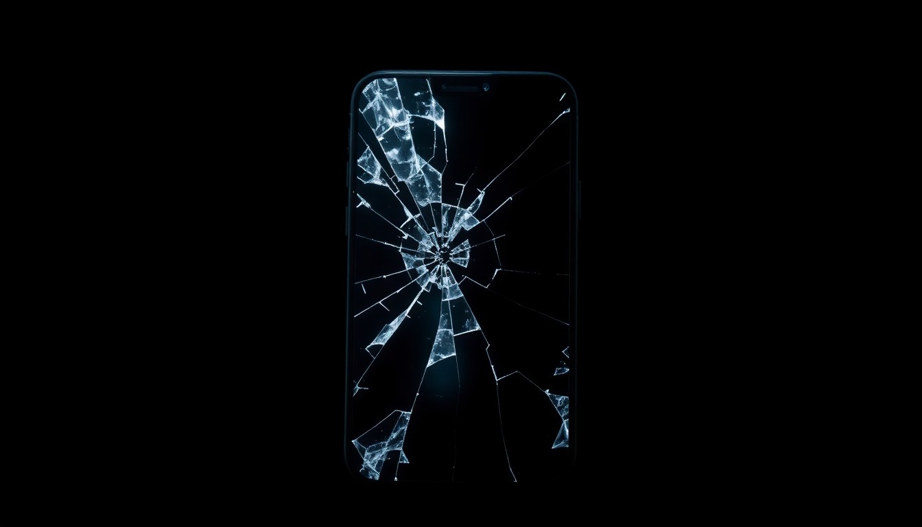 An extreme close-up photograph of a cracked smartphone screen against a pitch-black background, conceptually representing the violation of a protective order through dramatic lighting and texture.