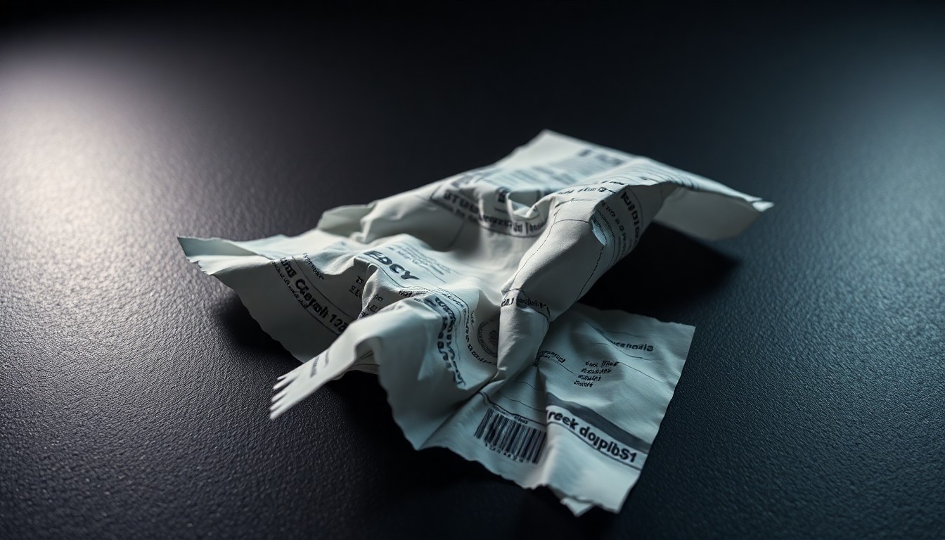 An extreme close-up photograph of a crumpled, discarded receipt on a dark surface, lit by a harsh, direct camera flash, conceptually representing the aftermath of a retail theft incident.