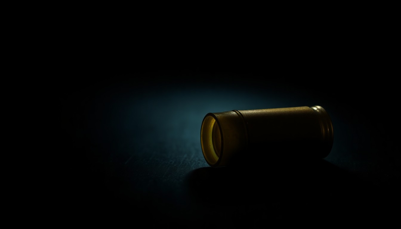 An extreme close-up photograph of a spent shell casing on a dark surface, lit by a harsh, direct camera flash, creating a stark, gritty, investigative aesthetic.