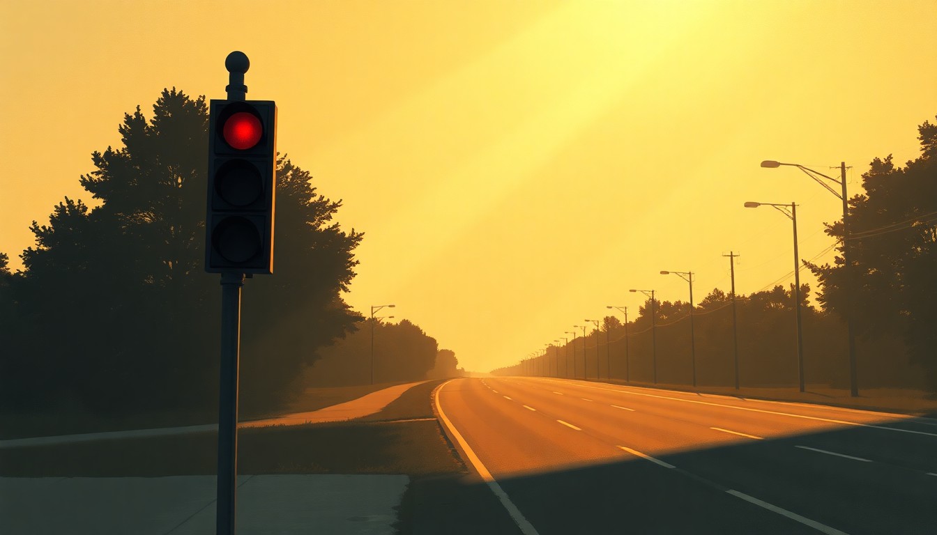 A detailed, photorealistic painting of a lone traffic light or road sign along a winding, tree-lined road, the scene bathed in warm, golden light and deep shadows, conveying a sense of both tranquility and unease about the future of this rapidly growing community.