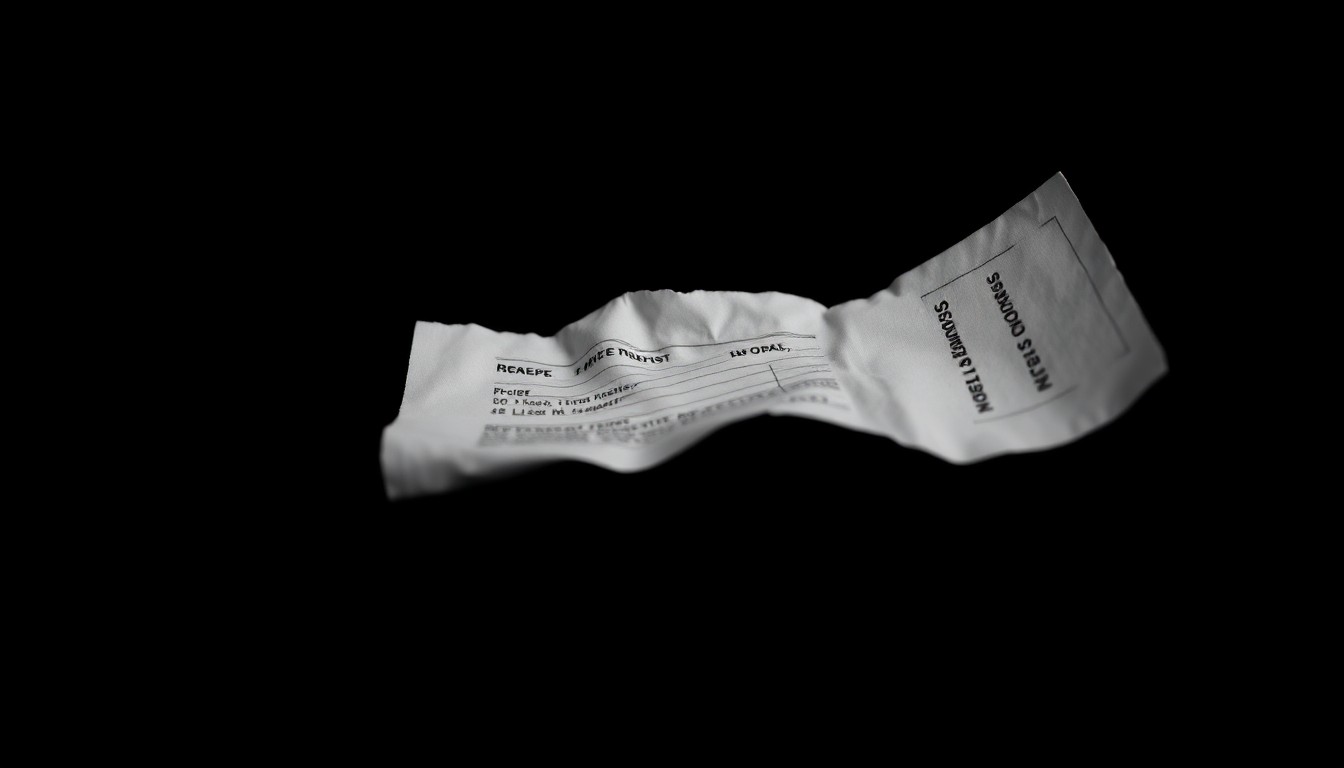 An extreme close-up photograph of a crumpled financial document, the harsh lighting and stark black background creating a gritty, investigative mood around the alleged fraud case.