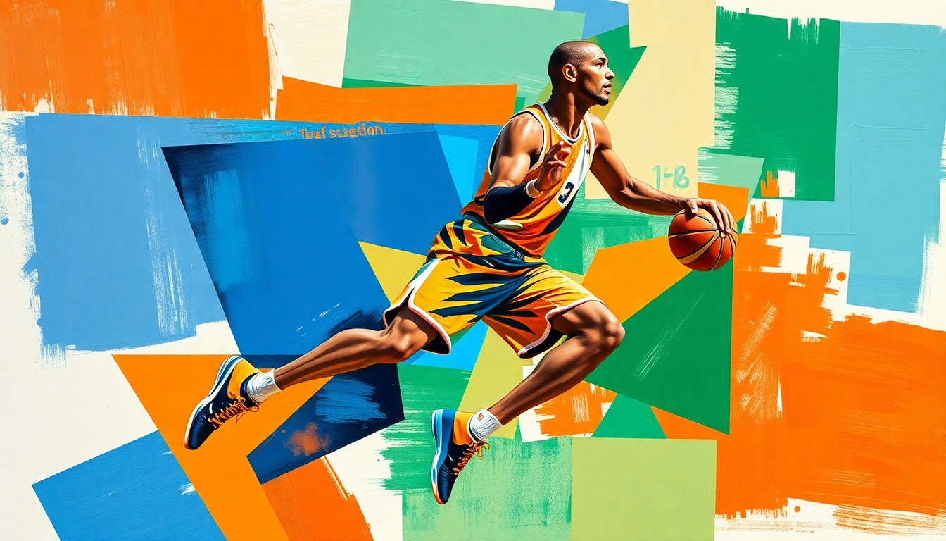 A fragmented, cubist-style painting depicting the dynamic movements of a basketball player, rendered in bold, clashing colors and geometric shapes that deconstruct the figure into abstract planes.