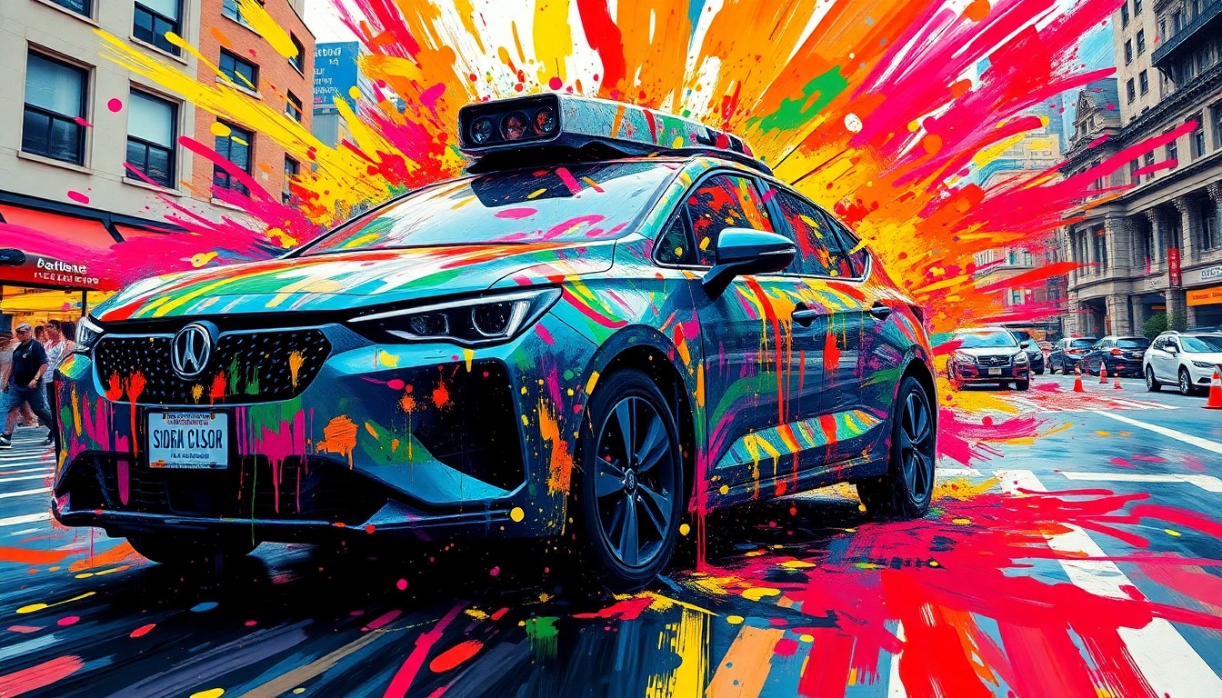 An extreme close-up of a shattered car sensor lens reflecting a faint red light, conceptually illustrating the vandalism of self-driving cars.