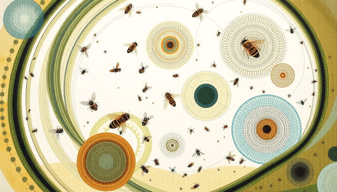 A highly textured, abstract painting in soft earth tones depicting an intricate web of interconnected geometric shapes and botanical spirals, representing the complex diversity of native bee species found across Washington state.