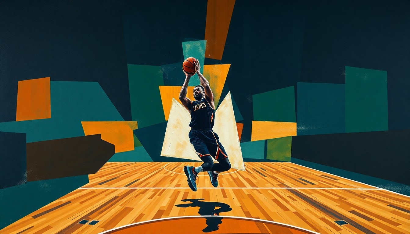 A cubist-style painting depicting a basketball player in mid-motion, their face obscured by overlapping geometric shapes in a palette of navy, forest green, and burnt orange. The court is also fragmented into abstract geometric forms, creating a sense of movement and disruption.