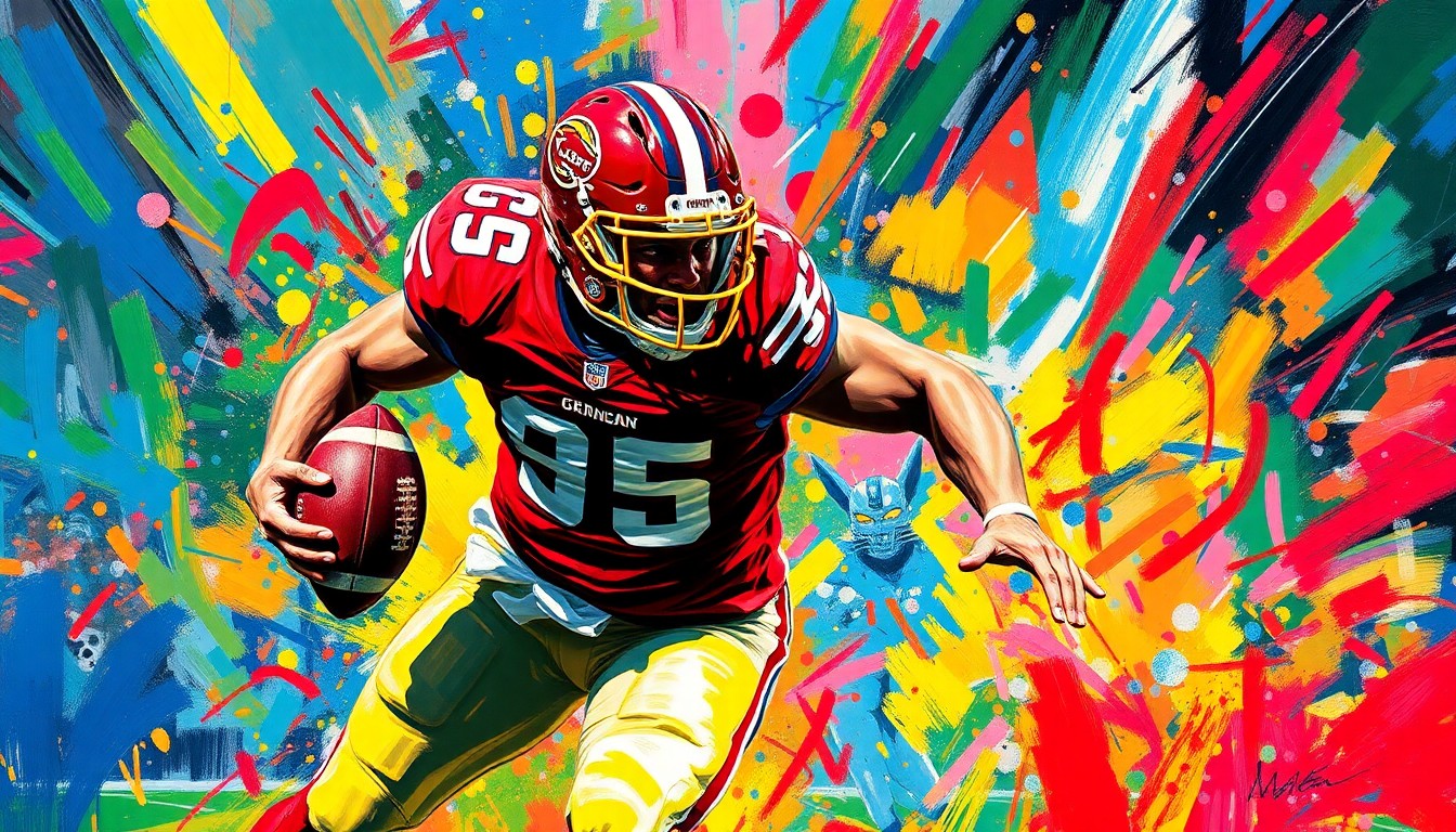 An abstract, energetic painting featuring bold, neon-colored brushstrokes that capture the explosive power and movement of a defensive lineman rushing the quarterback.