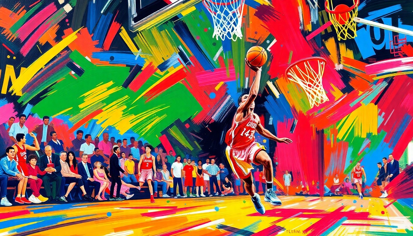 An abstract, expressionist painting in neon colors depicting the dynamic motion and energy of a basketball game, with players' forms dissolving into vibrant brushstrokes.