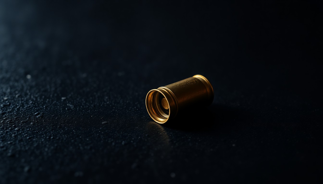 An extreme close-up photograph of a single spent shell casing on a dark, textured surface, lit by a harsh, direct camera flash, conceptually representing the aftermath of a shooting incident.