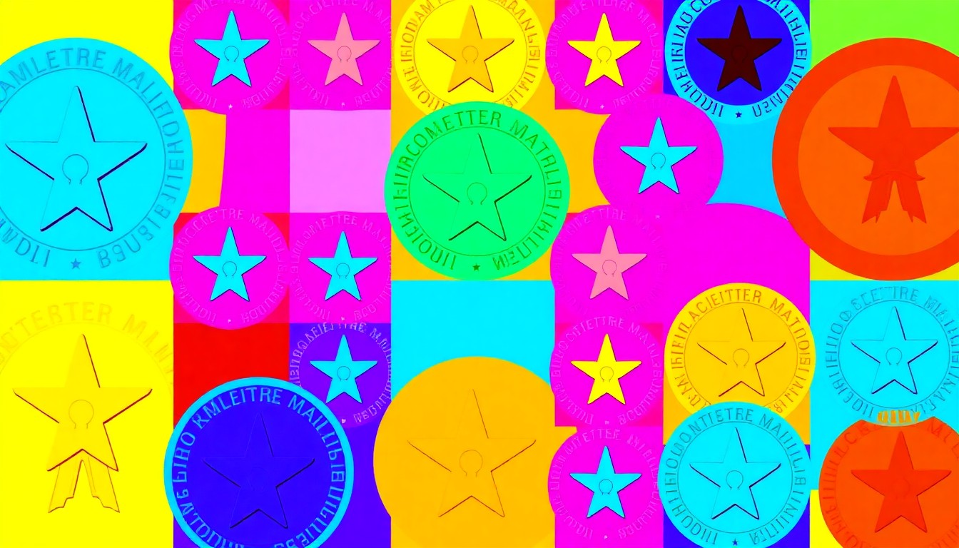 A vibrant, abstract silkscreen print featuring a repeated military service medal or insignia in a grid pattern, using bold neon colors and heavy black outlines to transform the iconic symbol into a modern pop art piece.