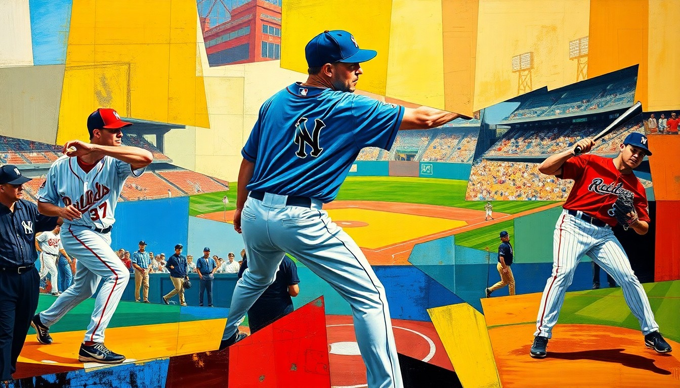 A fragmented, geometric painting in bold colors depicting the motion and intensity of baseball pitchers on the mound, with no identifiable faces or logos.