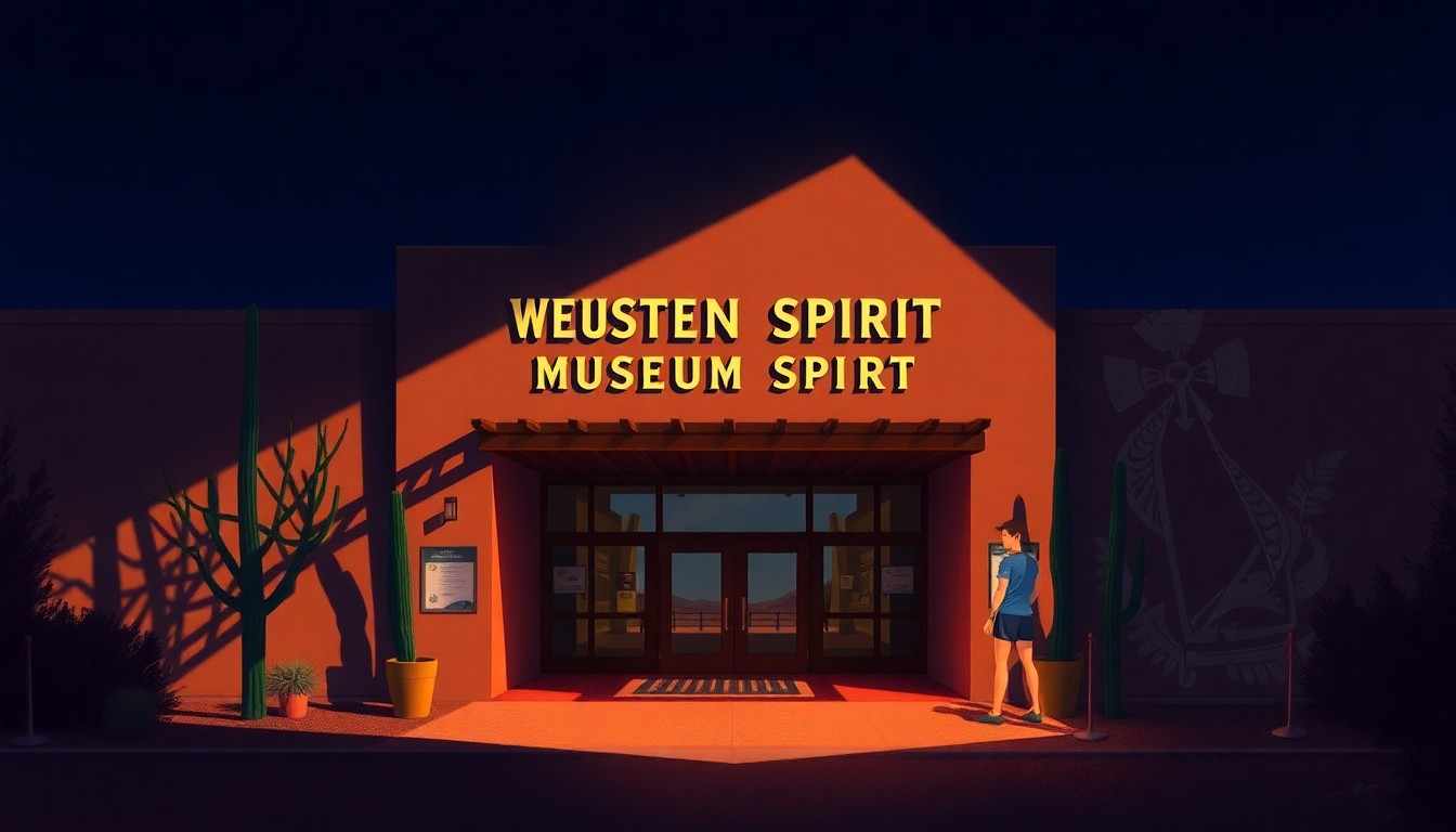 A warm, nostalgic painting depicting the entrance to the Western Spirit museum in Scottsdale, Arizona, with the building's architecture and signage bathed in soft, diagonal sunlight and deep shadows, creating a cinematic, contemplative mood.