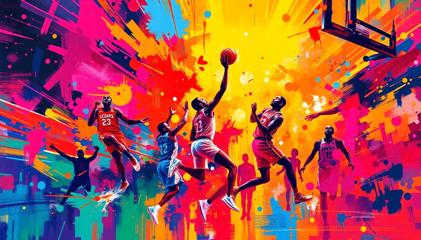 An abstract, expressionist painting in vibrant neon colors capturing the raw energy and motion of a high-scoring NBA basketball game, with players' forms dissolving into dynamic brushstrokes and splashes of color.