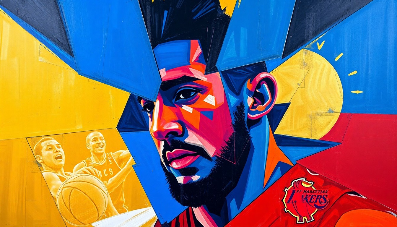 A cubist, geometric painting depicting Luka Doncic's basketball skills and the Lakers' team dynamics through sharp, overlapping planes of vibrant colors like royal blue, crimson red, and metallic gold.