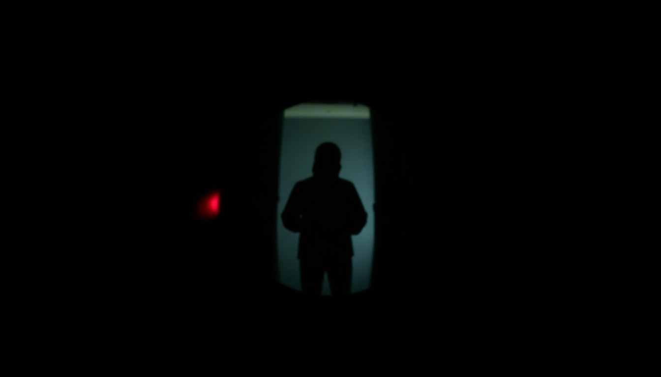 An extreme close-up photograph of a security camera lens reflecting a blurry silhouette of a person, conveying the unseen and invasive nature of a peeping tom incident.