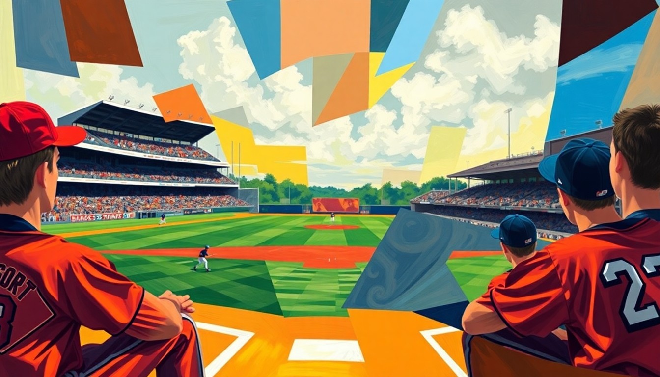 A fractured, geometric painting in vibrant colors representing a high school baseball game, with overlapping planes and shapes conveying the dynamic action on the field.