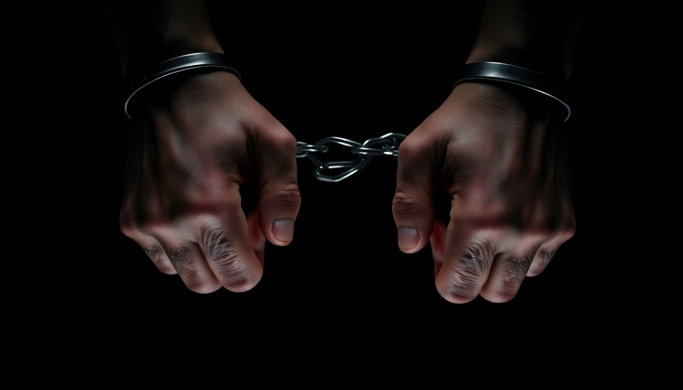 An extreme close-up photograph of a pair of handcuffed hands against a pitch-black background, lit by a harsh, direct camera flash, conceptually representing the arrest of the home invasion suspects.