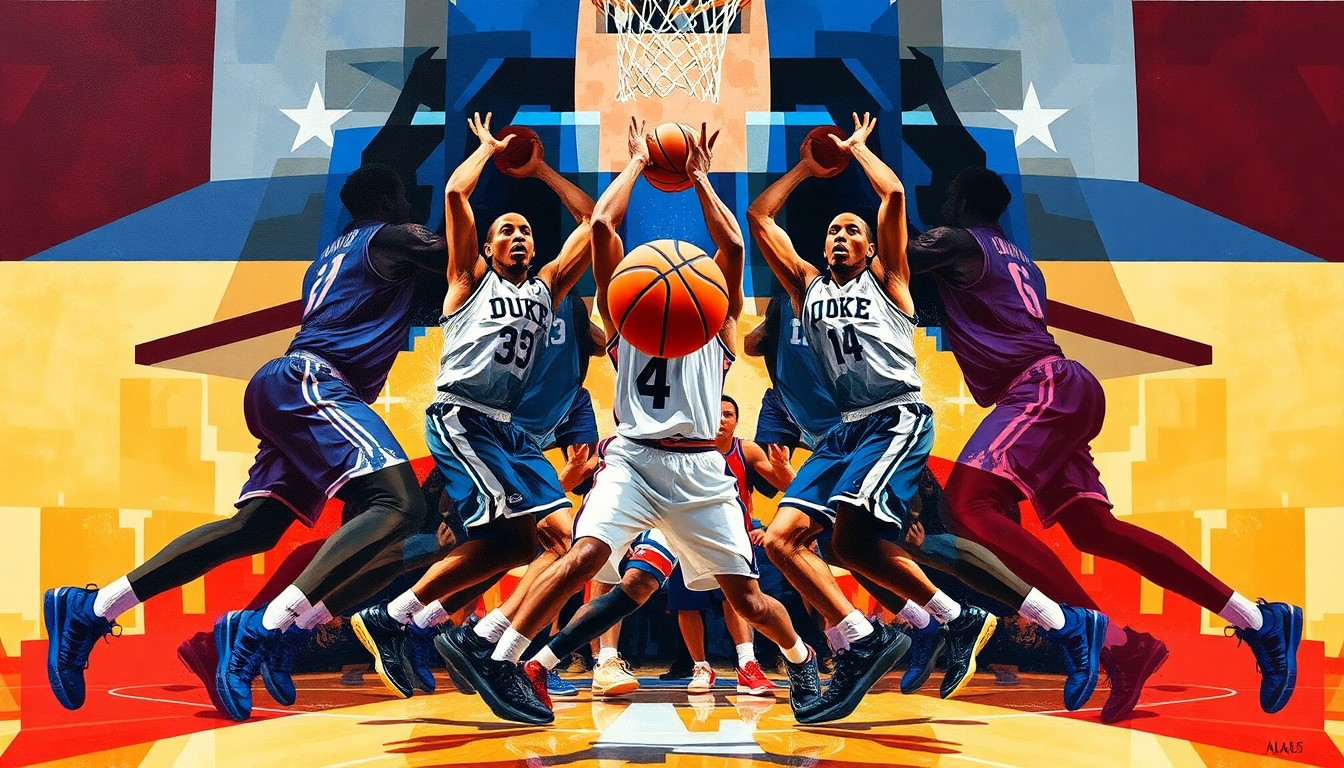 A fractured, multi-perspective painting in vibrant colors depicting the final seconds of a college basketball game, with the players' bodies and the basketball broken down into abstract geometric shapes, conveying the tension and drama of the game-winning shot.