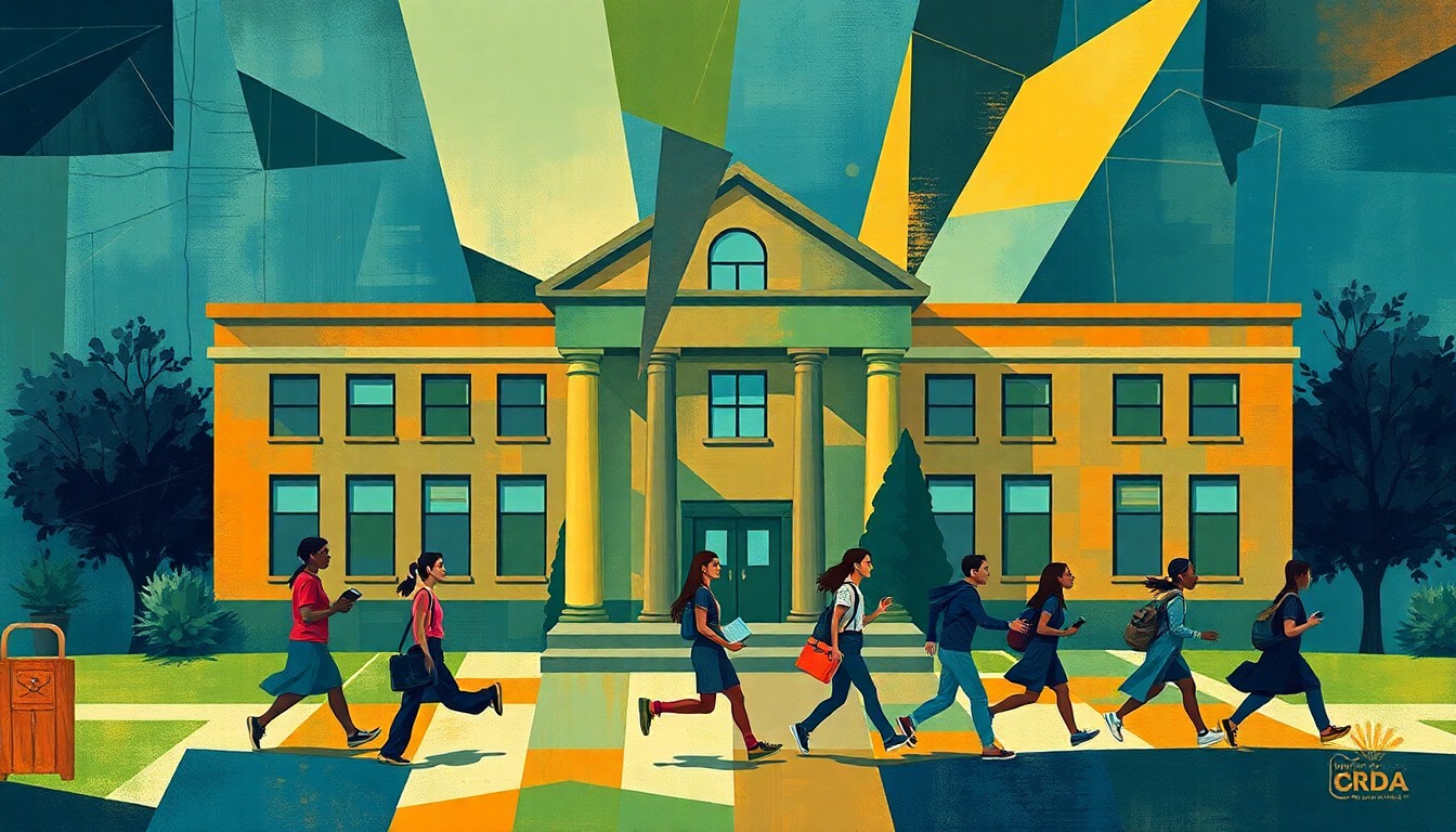 A dynamic, abstract painting featuring overlapping, fragmented shapes and brushstrokes in shades of blue, green, and orange, conceptually representing the complex and contested issue of religion in public education.