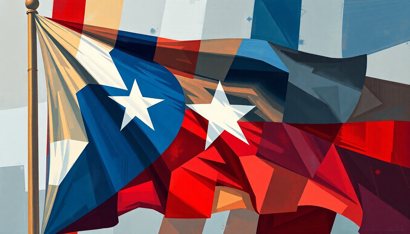 A dynamic, fragmented painting of the Texas state flag in shades of red, white, and blue, with the shapes and brushstrokes conveying a sense of political tension and uncertainty.