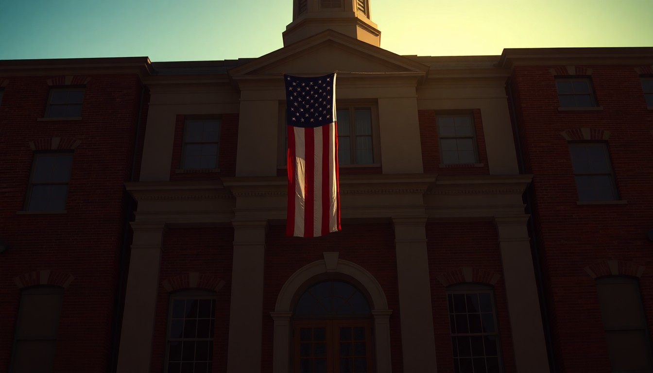 A serene, cinematic painting of the facade of a historic county courthouse, with an American flag hanging prominently in the warm, golden light, conveying a sense of civic pride and patriotic commemoration.