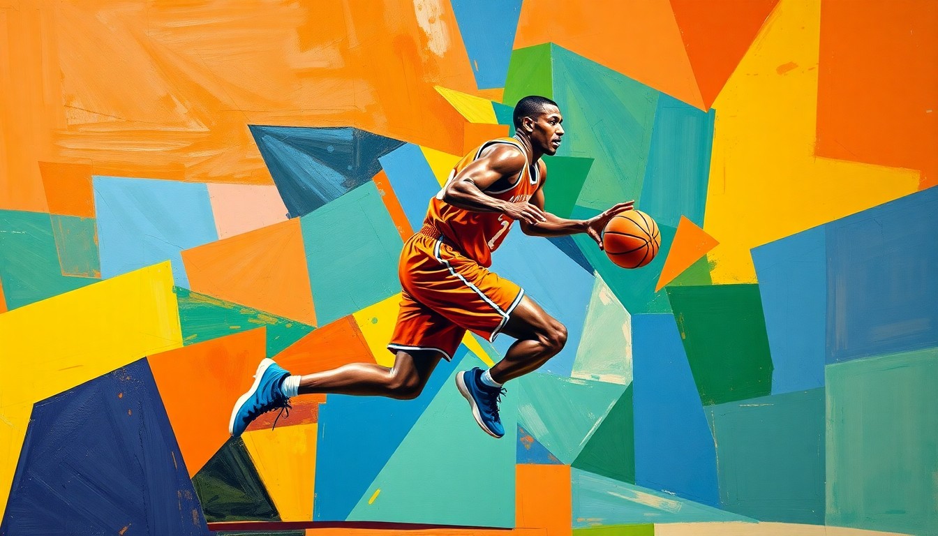 A fractured, multi-perspective painting in a cubist style, breaking down a basketball player in motion into sharp, overlapping geometric planes of vibrant orange, blue, and green colors, conceptually representing the Bucks' need to adjust their lineup due to key injuries.