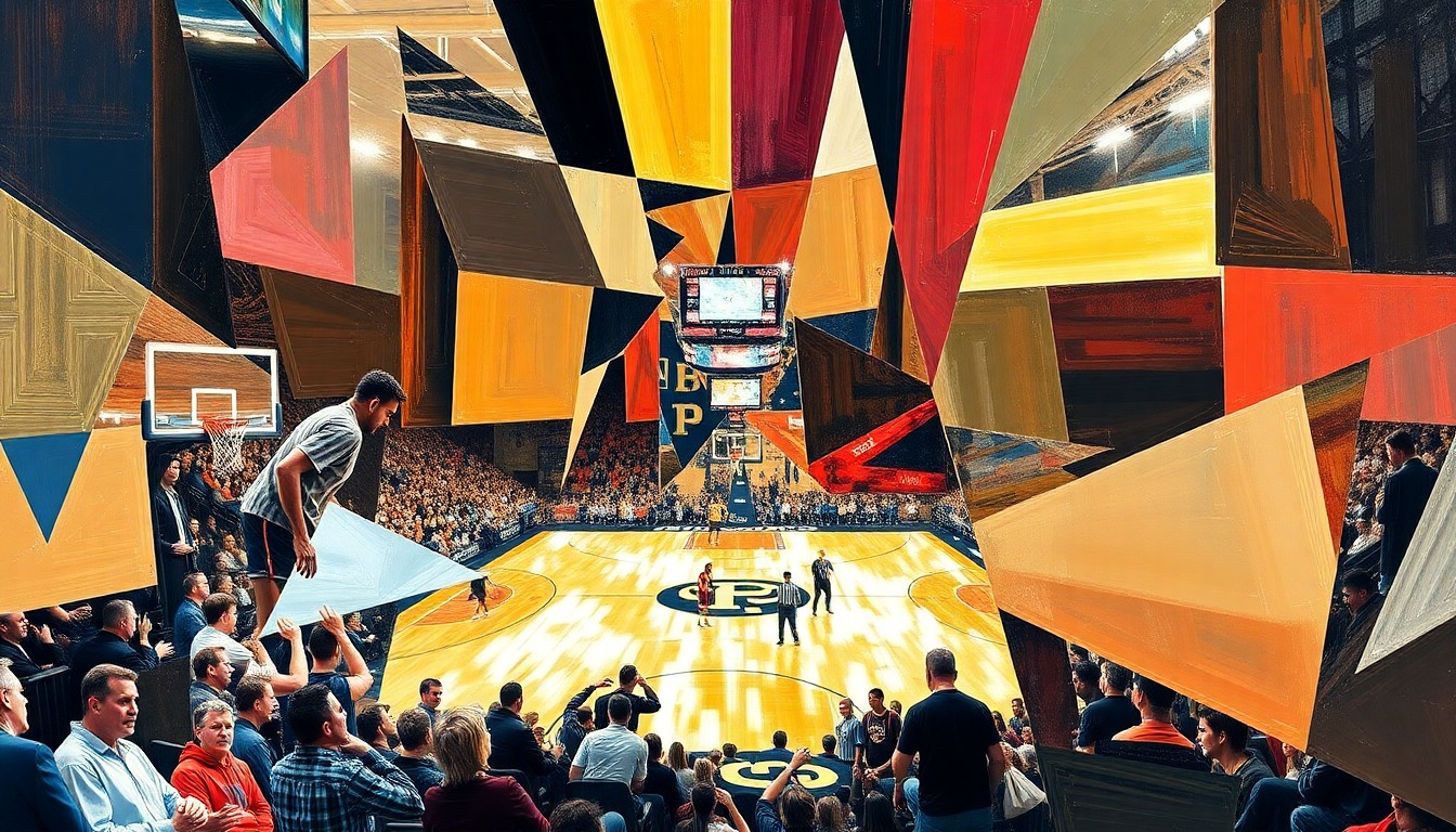 A fragmented, geometric painting depicting the intense action and strategic battle of an elite college basketball game, with players and the court deconstructed into sharp, overlapping shapes and planes.