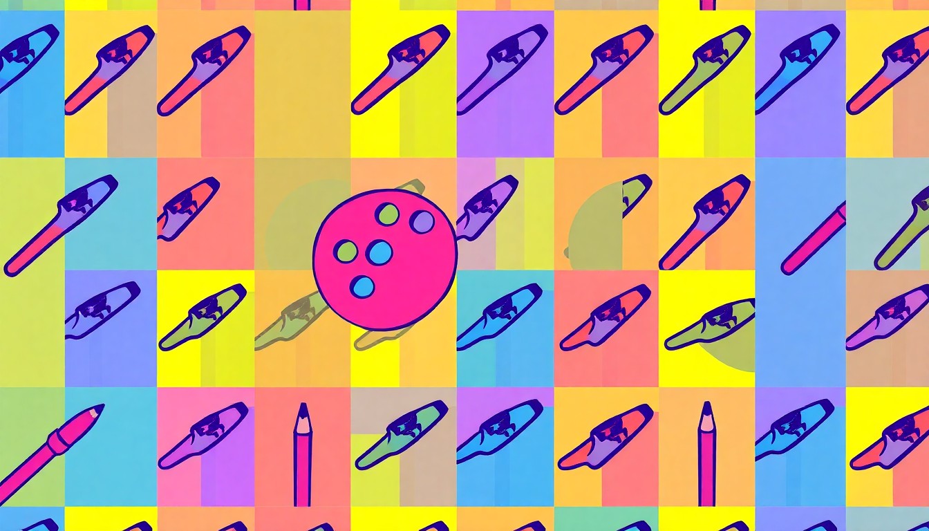 A high-contrast silkscreen print of a paint brush repeated in a grid pattern, using bold neon colors and heavy black outlines to transform the everyday art supply into a modern pop art piece.