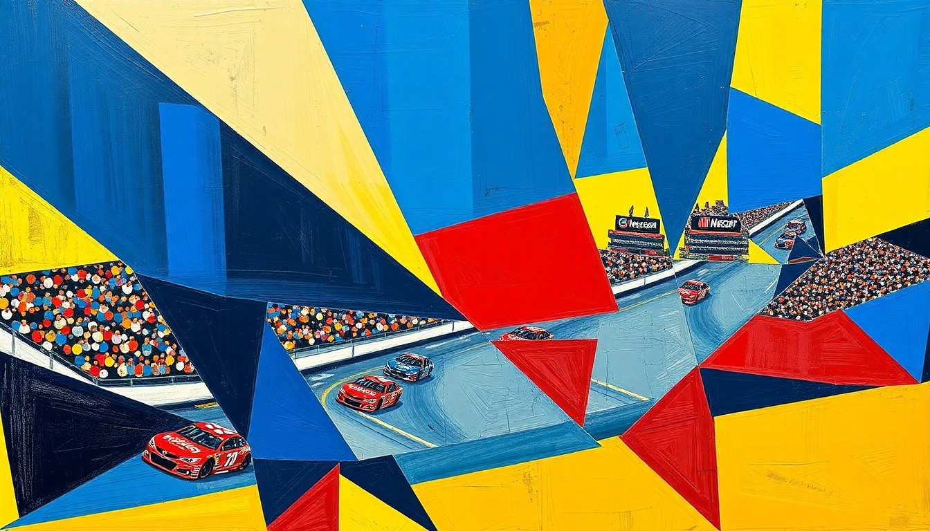 A fractured, multi-perspective painting featuring bold, angular shapes in navy blue, crimson red, and golden yellow, representing the intensity and excitement of a NASCAR race at Martinsville Speedway.