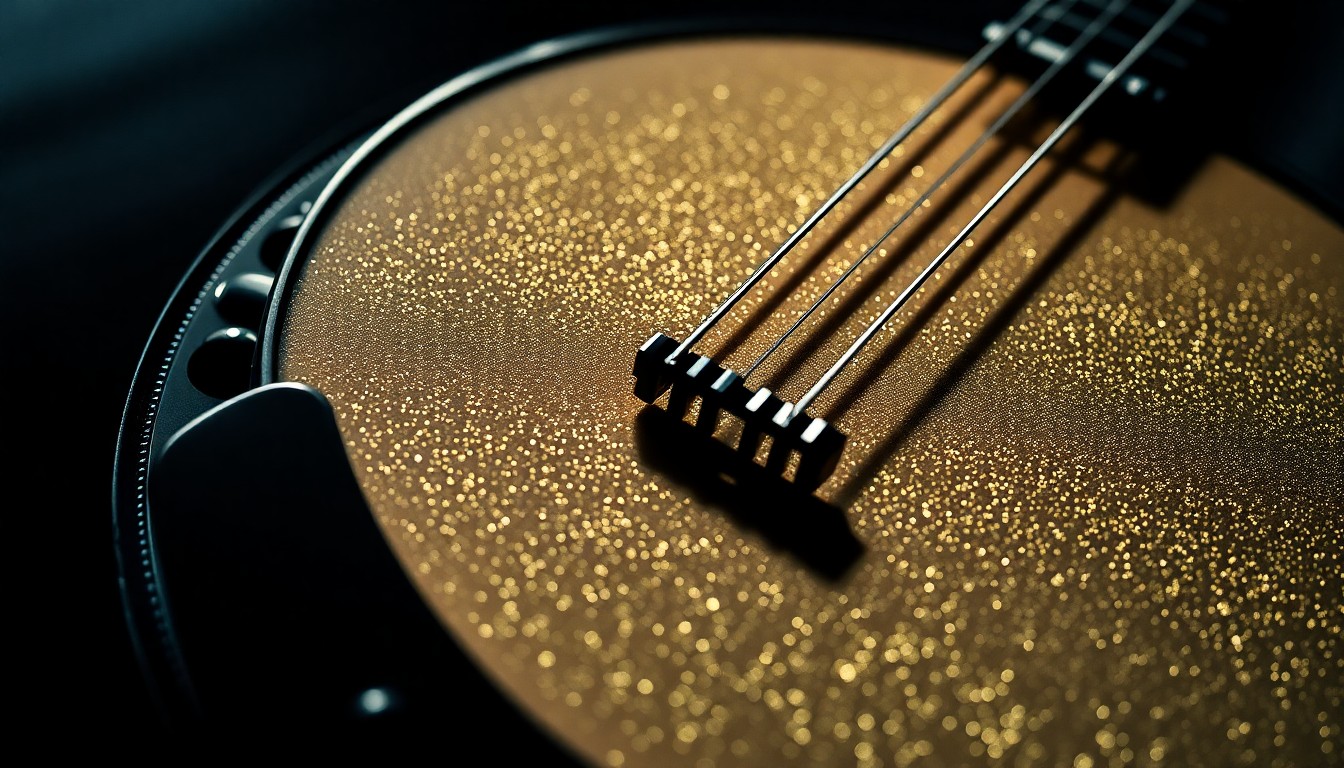 An extreme close-up photograph of the highly textured, glittering surface of a vintage five-string banjo, capturing the intricate craftsmanship and iconic status of this legendary musical instrument.