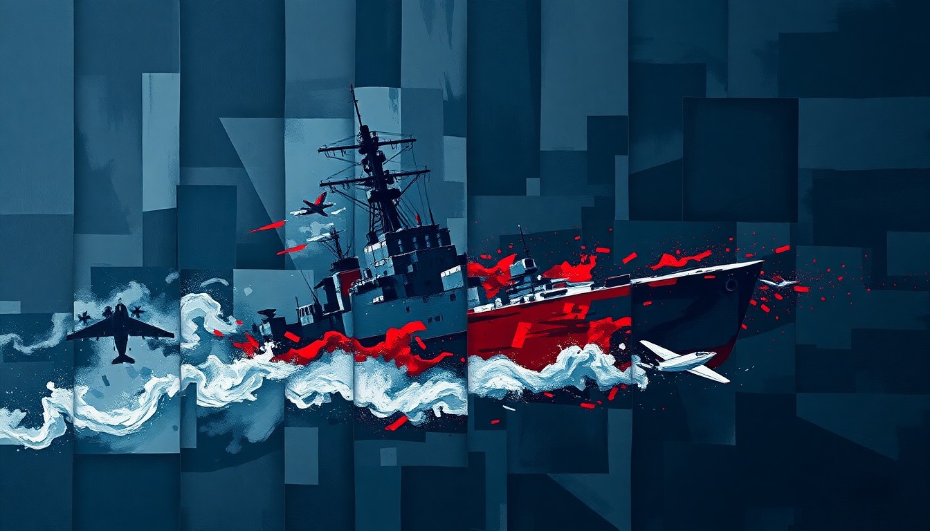 A fractured, abstract painting of a military vessel or aircraft in motion, with overlapping geometric shapes and waves of dark navy, steel grey, and crimson red, conveying a sense of impending conflict and political turmoil.