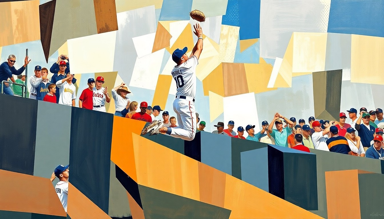 A cubist, geometric painting depicting the action of a baseball player leaping above the outfield wall to make a spectacular catch, breaking the scene down into fragmented, overlapping shapes and planes to capture the raw energy and drama of the moment.
