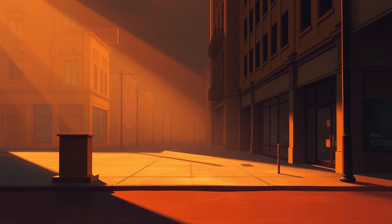 A serene, cinematic painting of a solitary podium on a city street, with warm sunlight and deep shadows creating a contemplative, nostalgic mood, conceptually representing the political activism and energy of the 'No Kings' rally.