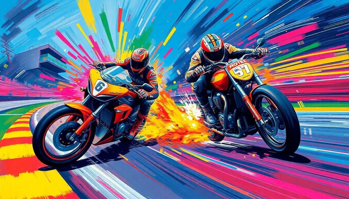 An abstract, expressionist painting in neon colors depicting the chaotic movement and energy of a motorcycle crash on a race track, conveying the high-stakes drama of the championship fight.