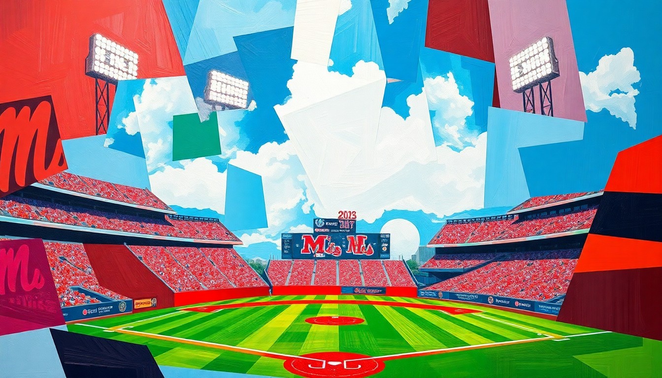A fragmented, geometric painting in bold primary colors, depicting the action and movement of a college baseball game through Picasso-esque abstraction.