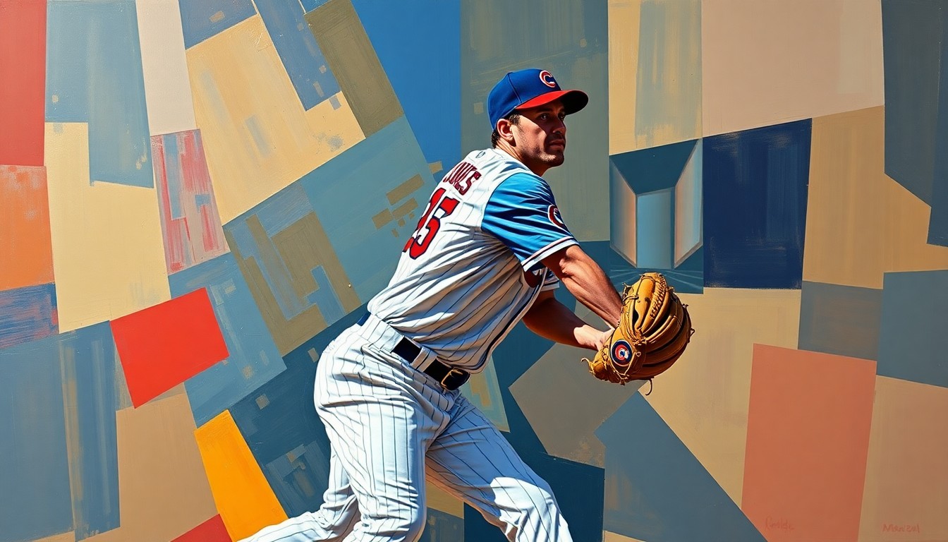A cubist-style painting depicting a baseball player in motion, with their body and movements fragmented into sharp, overlapping geometric shapes in the colors of the Chicago Cubs' uniform.