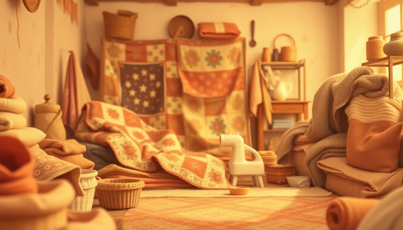 An abstract, out-of-focus photograph featuring soft, warm pools of light and color, depicting a cozy scene with quilts, fabrics, and sewing supplies, conveying a sense of craft, community, and comfort.