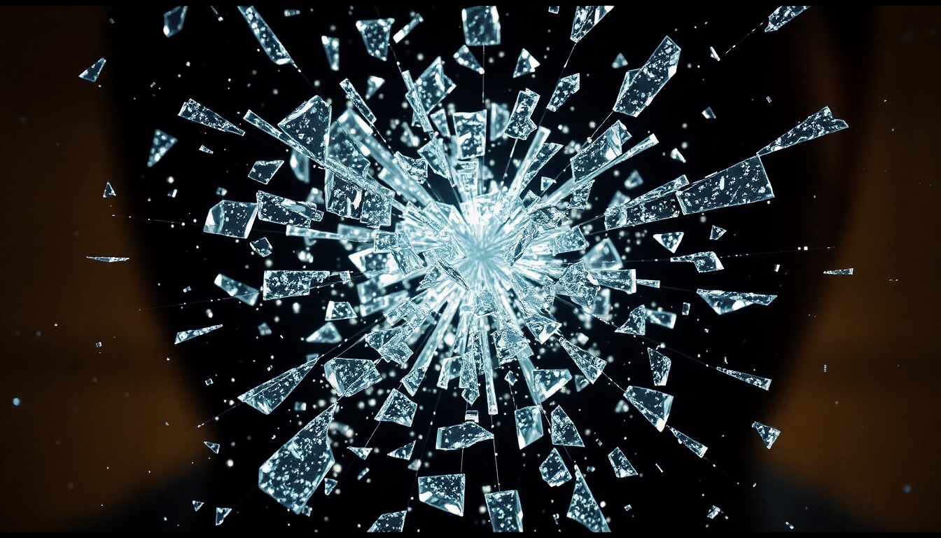 An extreme close-up photograph of shattered glass reflecting a dim light, conveying the sense of danger and volatility surrounding the confrontation between the characters.