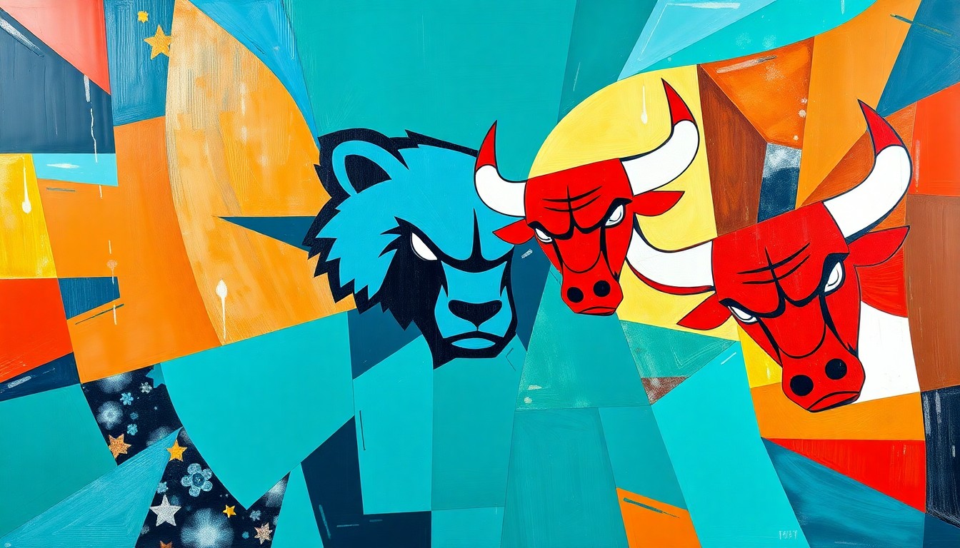 A cubist, geometric painting depicting a basketball game between the Memphis Grizzlies and Chicago Bulls, with the players and court broken down into sharp, overlapping shapes and planes of vibrant teal, red, and white colors.