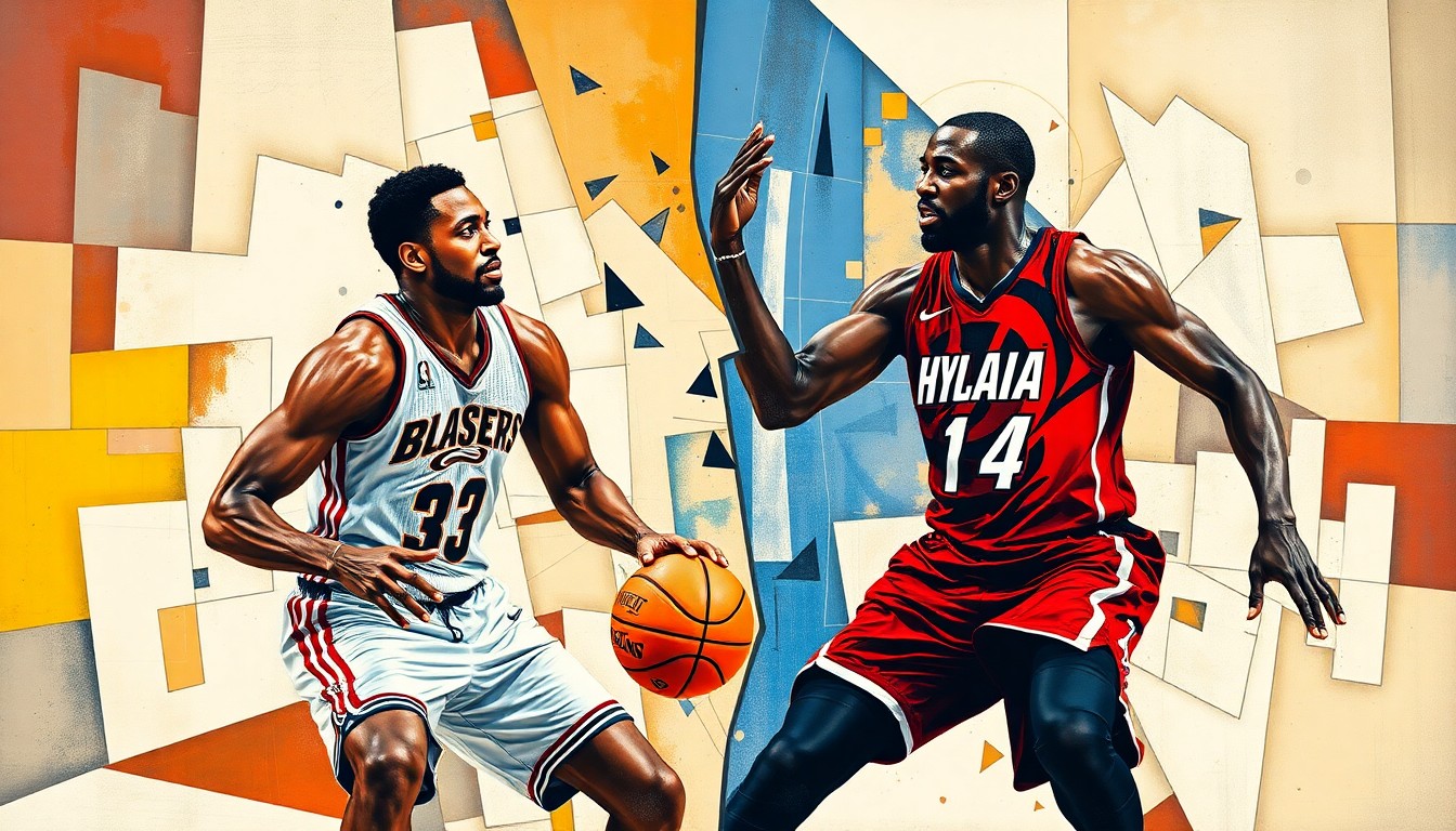 A fractured, cubist-style painting depicting the abstract forms of two basketball players engaged in an intense matchup, with sharp geometric planes and vibrant colors capturing the raw energy of their competitive spirit.