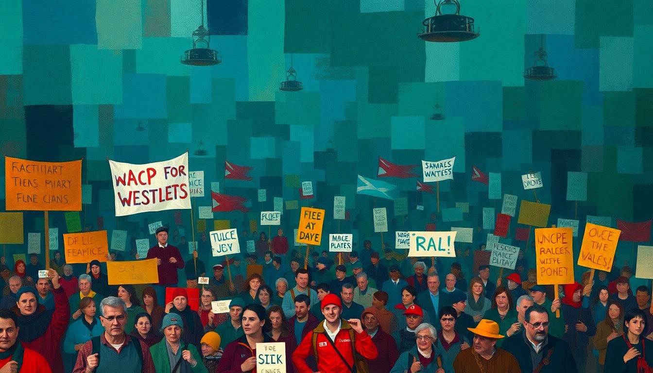 A dynamic, abstract painting of a large crowd of protesters marching, with overlapping, fractured shapes and waves of vibrant colors representing the energy and momentum of the demonstrations.