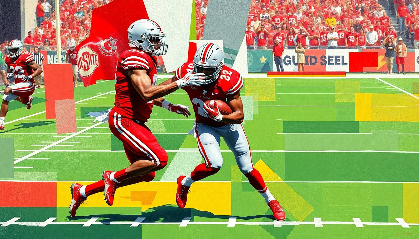 A fragmented, cubist-style painting depicting the dynamic movements of a defensive back making a play on the football field, with sharp geometric shapes in Ohio State's signature scarlet and gray colors.