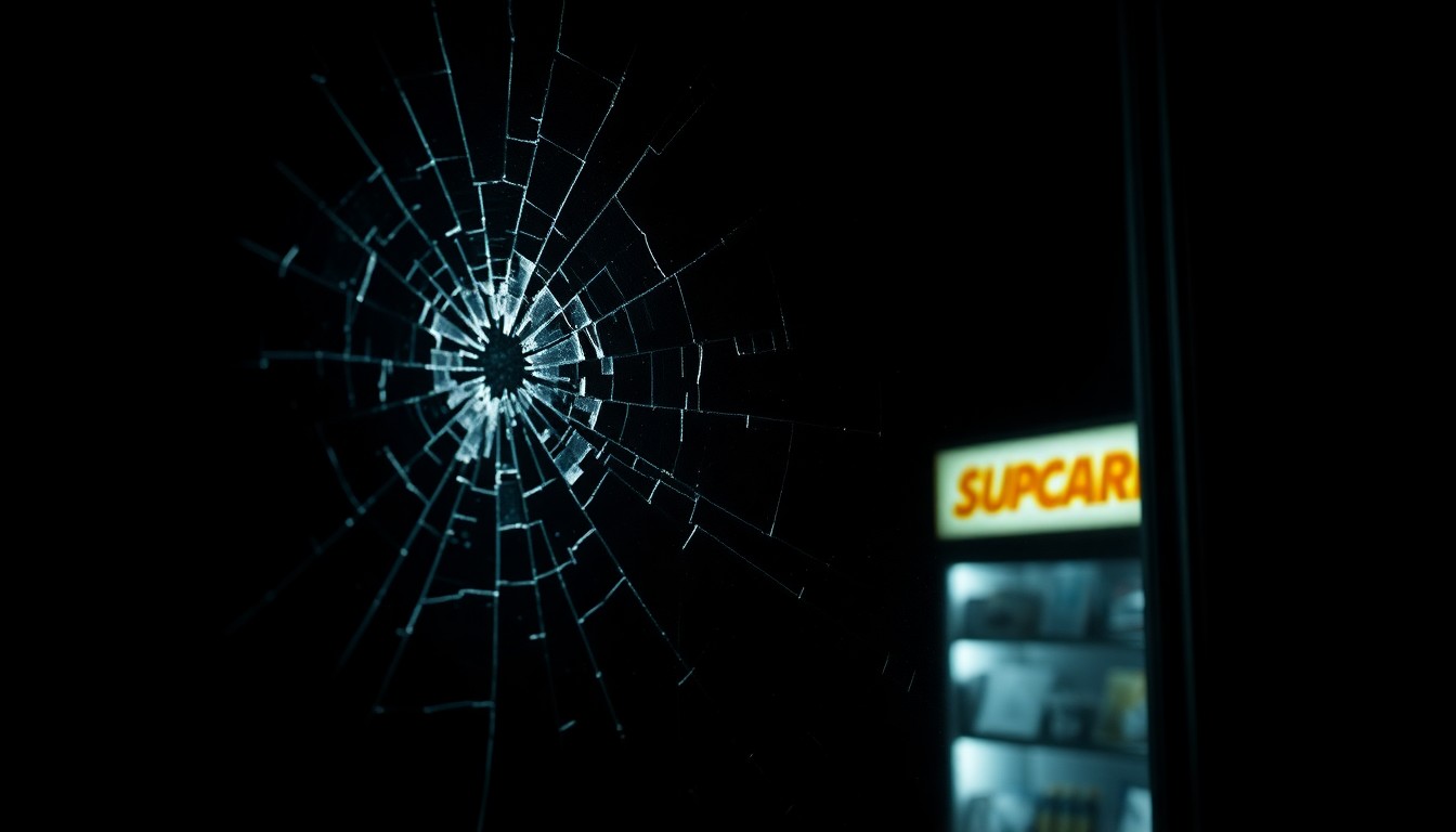 An extreme close-up of a cracked and damaged convenience store window, the harsh flash lighting creating a stark, gritty aesthetic that evokes the investigative nature of this incident.