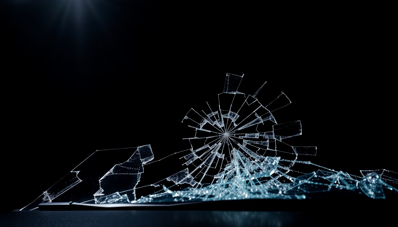 An extreme close-up photograph of a shattered car windshield, the cracked glass conceptually representing the devastating aftermath of a fatal vehicle accident.