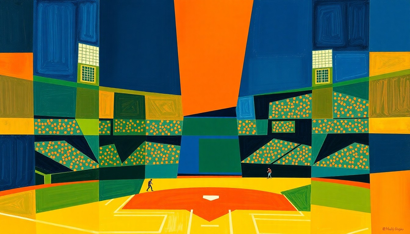 A cubist-style painting featuring overlapping geometric shapes and planes in navy, green, and orange, conceptually representing the action and movement of a baseball game.