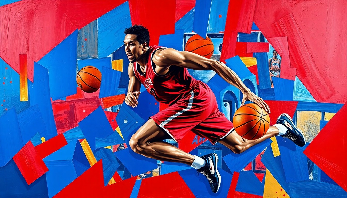A fragmented, cubist-style painting depicting a basketball player in mid-motion, with their body and movements broken down into sharp, overlapping geometric shapes and planes in a bold color palette, conceptually representing the NBA's disciplinary actions against excessive technical fouls.