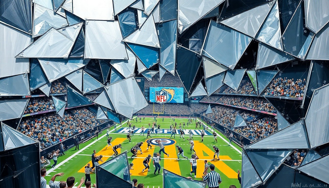 A cubist, geometric painting depicting fragmented football players and draft prospects, conveying the strategic complexity of the NFL Draft process.