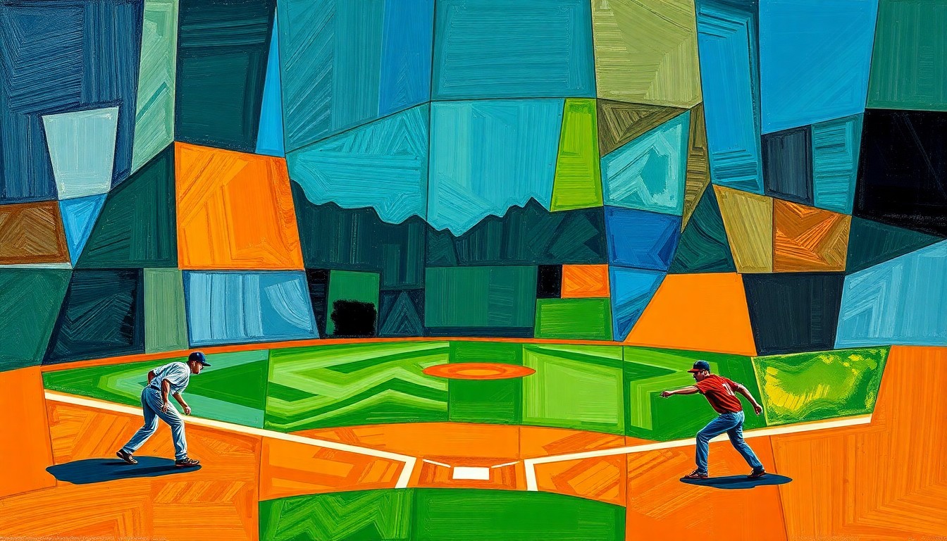 A fragmented, abstract painting featuring sharp, overlapping geometric shapes in shades of blue, green, and orange, conveying the dynamic action and competitive spirit of a high school softball game.