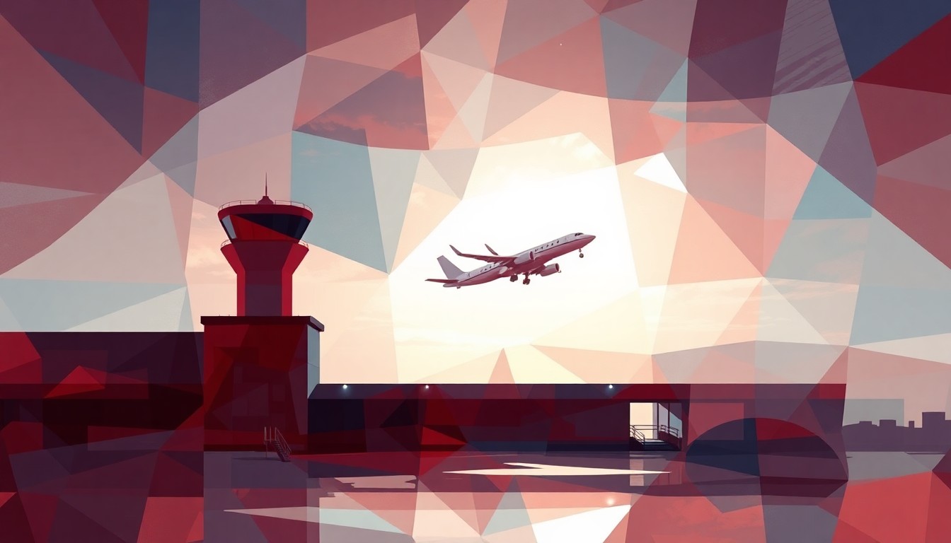 A dynamic, fragmented painting of an airport terminal building in patriotic colors, with the outline of a private jet taking off, conveying the political and branding implications of the airport renaming.