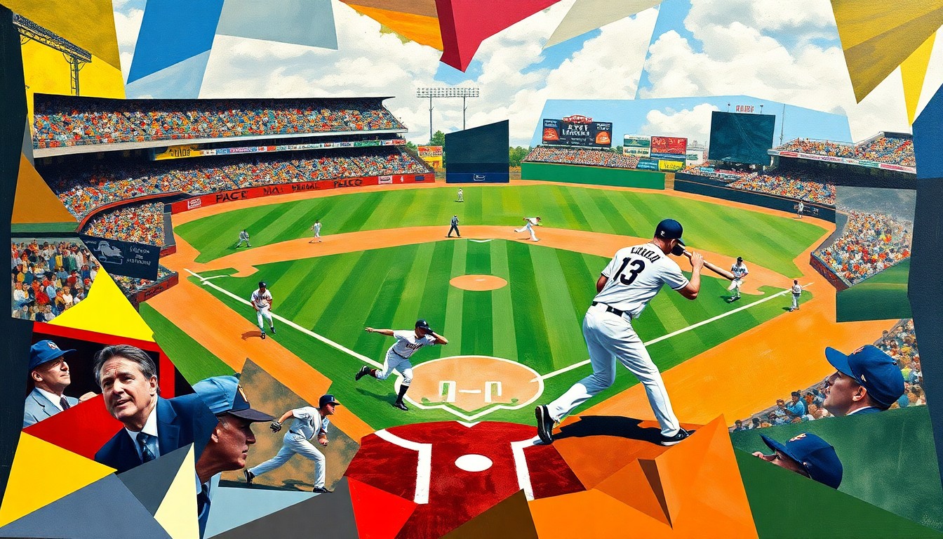 A fragmented, geometric painting featuring angular, colorful shapes that represent the players, field, and action of a baseball game, conveying the dynamic energy of the sport through an abstract, cubist-inspired style.