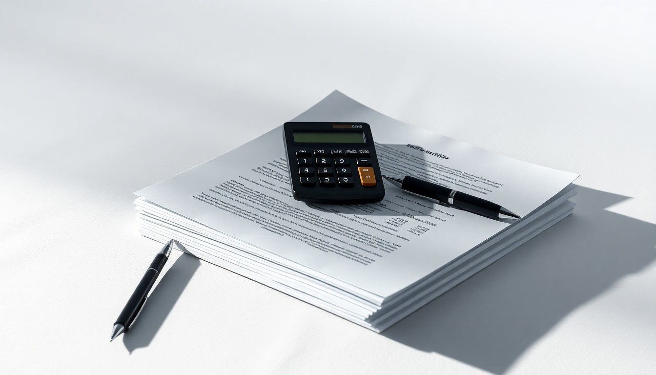 A photorealistic studio still life featuring a stack of financial documents, a calculator, and a pen arranged on a clean, monochromatic background, conceptually representing the abstract issues of corporate accounting and investor rights.
